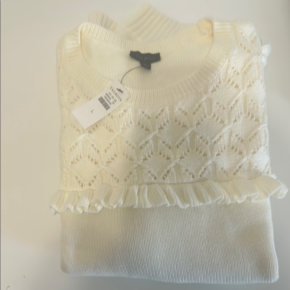 Talbots Cream Crew Neck Sweater with Lace Detail - Picture 2 of 8